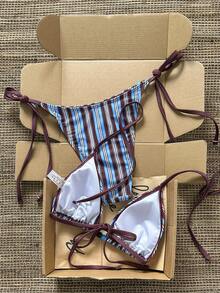 Swim Mod 女士沙滩套装，棕蓝条纹印花，撞色串珠装饰，时尚休闲度假甜美性感优雅，女士泳装套装，挂脖比基尼两件套 - 彩色 - 查看 4