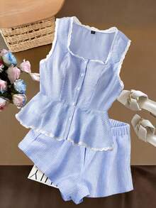 GlowEve CURVE Plus Size Women's Light Blue Striped 2 Pieces Set,Cute Summer Picnic Sleeveless Square Neck Lace Trim Blouse & Loose Cooling Shorts Casual Outfits - Blue - View 1