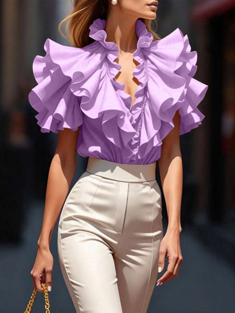 SHEIN Clasi Blusa casual de mujer de unicolor con volantes exagerados y cuello en V, para verano - Púrpura malva - Ver 1
