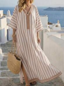 Balvessa 时尚宽松休闲印花V领条纹混纺面料女士度假旅行睡袍 - 彩色 - 查看 1