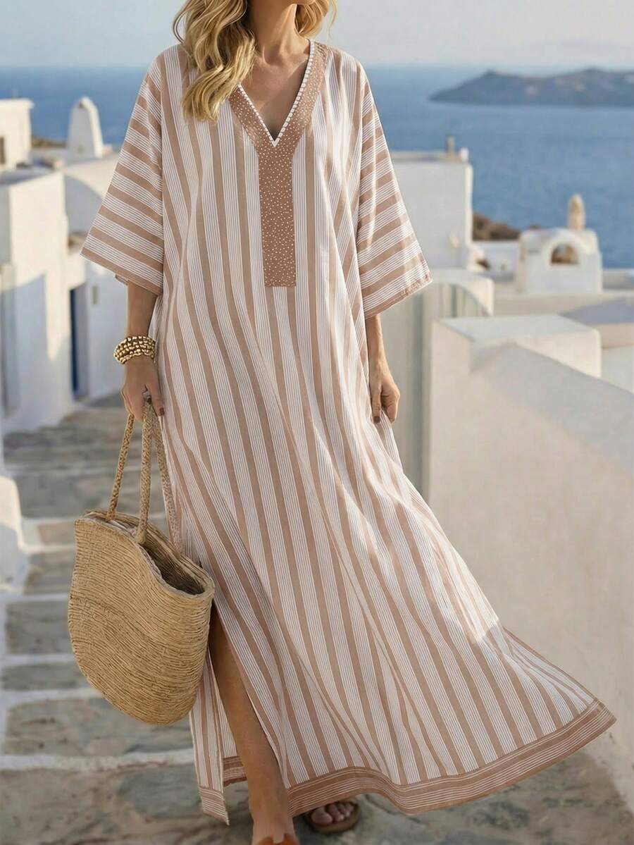 Balvessa 时尚宽松休闲印花V领条纹混纺面料女士度假旅行睡袍 - 彩色 - 查看 1