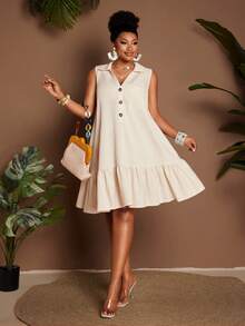 Maweii 大码无袖休闲舒适通勤极简连衣裙 - 杏色 - 查看 2