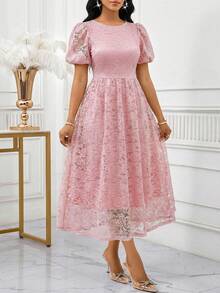 SHEIN Lady Women's Elegant Party Solid Color Lace Midi Dress Pink Elegant Dress Wedding Guest Dress Women Lace Dress,Pink Dress - Pink - View 5