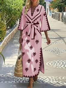 EMERY ROSE 休闲通勤优雅系带宽松中长连衣裙，时尚印花V领开衩长袍，新款女士度假长袍，女士长裙 - 彩色 - 查看 5