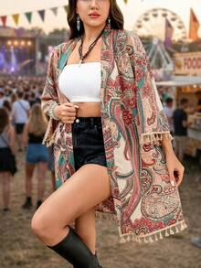 SHEIN LUNE 大码女式西部波西米亚风流苏佩斯利印花和服 - 彩色 - 查看 2