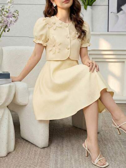Teen Girl Floral Decor Puff Sleeve Jacket And Solid Color Round Neck Dress Set, Suitable For Spring/Summer Vacation Wear