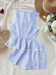 GlowEve CURVE Plus Size Women's Light Blue Striped 2 Pieces Set,Cute Summer Picnic Sleeveless Square Neck Lace Trim Blouse & Loose Cooling Shorts Casual Outfits - Blue - View 2