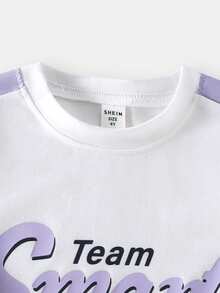 SHEIN Casuvi Kids 2件套女童休闲圆领宽松撞色复古美式字母可爱甜美短袖T恤+浅蓝色工装裤，夏季时尚套装，适合居家、旅行、运动、户外、日常穿着 - 淡紫色 - 查看 4