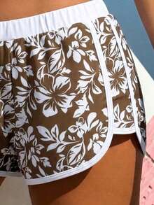 SHEIN Swim Vcay 休闲百搭成熟运动度假随机热带植物芙蓉花卉轮廓印花撞色女式沙滩短裤 - 彩色 - 查看 4