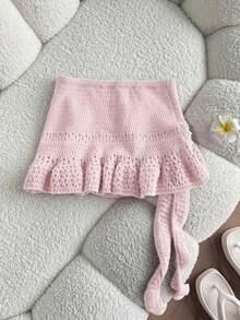 Elamini Women's Red Skirt, Fashion Summer Beach Outfit, Low Waist Hollow Out Ruffled Hem Mini Skirt, Versatile Sweet Vacation Style - Baby Pink - View 2