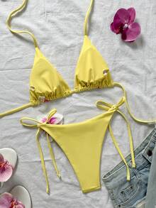 Swim Mod 女士夏季沙滩印花挂脖系带休闲比基尼和三角泳裤套装 - 彩色 - 查看 9