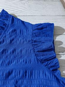 Linhara Plus Size Women's Solid Color Textured V-Neck Ruffle Trim Petal Sleeve Fitted Casual Regular Blouse - Royal Blue - View 6