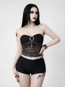 ROMWE Women's Casual Vacation Beach Party Leopard Print Pattern Halter Two Pieces Beachwear Gothic Top Crop Top Set 2 Piece Woman Set Short Tube Top Set Lace 2 Piece Set - Multicolor - View 3