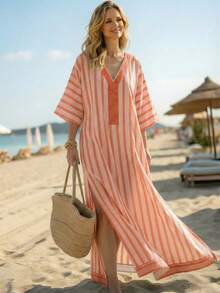 EMERY ROSE Fashionable Loose Casual Printed V-Neck Striped Blended Fabric Vacation Travel Robe For Women - Multicolor - View 4