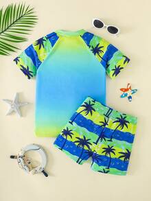SHEIN Tween Boy Coconut Tree Print Beach Swimsuit Set - Multicolor - View 2