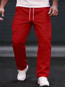EGENSIO 男士纯色抽绳腰带工装口袋休闲裤 - 紅色 - 查看 2