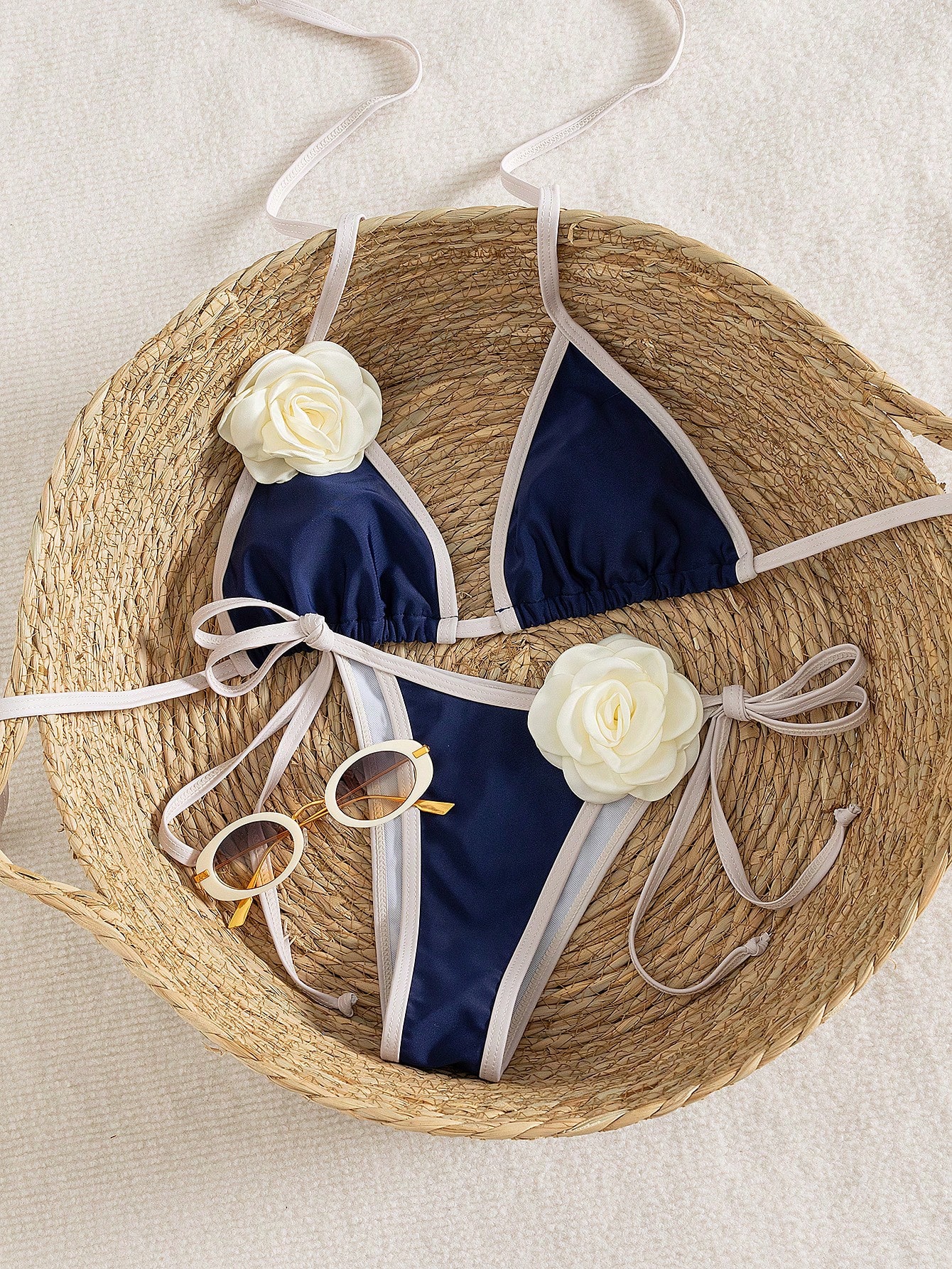 Swim Mod Conjunto de Maiô Bikini Sexy com Alça Halter e Amarração em Cores Contrastantes, Roupa de Praia para Férias - Multicolorido - Visão 5