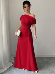 Elenzga Women's Solid Color Ruched Asymmetric Waist Elegant Long Dress For Party - Red - View 4
