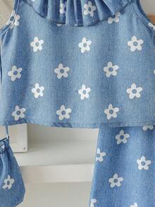 Elladie kids 2pcs/Set Young Girl Korean Style Elegant Sweet Floral Ruffle Collar Sleeveless Dress Top+Straight Pants+Bag,Summer Princess Fashion Outfit Gift - Blue - View 10
