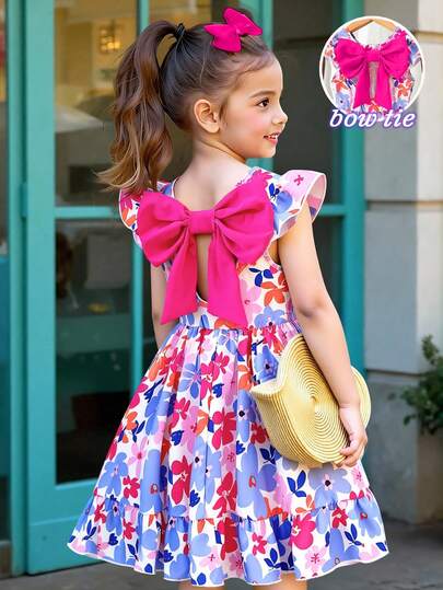 SHEIN Girls (Small) Spring/Summer New Casual Fashion Dress, Colorful Floral Digital Print Pattern, Round Neck Sleeveless With Flutter Sleeves, Back Hollow Design, Fuchsia 3D Bow Decor, Waist Cinched With Ruffle Hem Casual Dress, Suitable For Young GirlCute, Comfortable, Elegant, Suitable For Daily, School, Outing, Holiday, Party Occasions