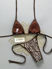 Swim Vcay 2026 Spring/Summer Brown Spaghetti Strap Halter Striped Triangle Cup Side High Cut Lace-Up Bikini Two Pieces Swimsuit For Women, Vacation - Multicolor - View 2