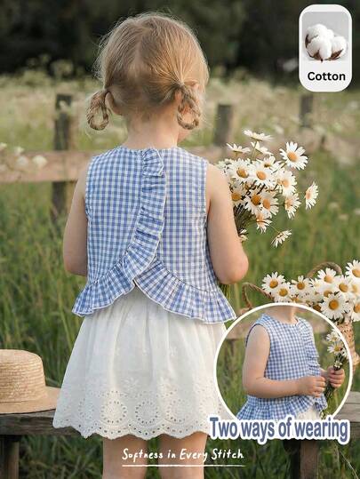 Cozy Pixies 女婴蓝白格子无袖荷叶领上衣和松紧腰半裙两件套