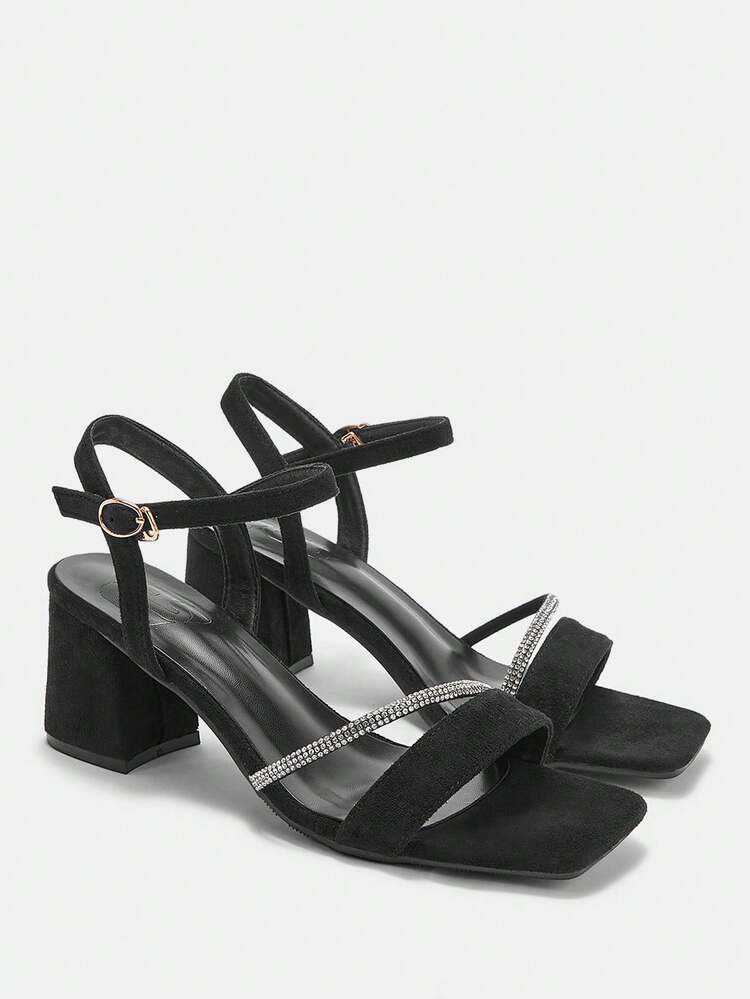 CUCCOO CURVES Women Shoes Wide Fit Fashion Square Toe Thick Heel Black Ankle Strap Rhinestone Strip Simple Classic Daily Comfort Fattened High Heel Women's Sandals Plus Size