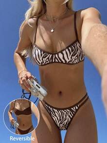 Swim Vcay 女士泳衣，双面棕色斑马纹超迷你比基尼抹胸上衣，时尚休闲度假性感甜美优雅两件式泳装 - 棕色 - 查看 1