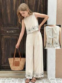 SHEIN Serisse Kids Bộ đồ đi nghỉ mát thanh lịch dành cho bé gái tuổi teen, gồm áo sơ mi thêu và quần ống rộng. - Màu be - Xem 6