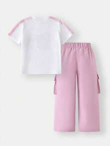 SHEIN Casuvi Kids 2件套女童休闲圆领宽松撞色复古美式字母可爱甜美短袖T恤+浅蓝色工装裤，夏季时尚套装，适合居家、旅行、运动、户外、日常穿着 - 淺粉色 - 查看 2