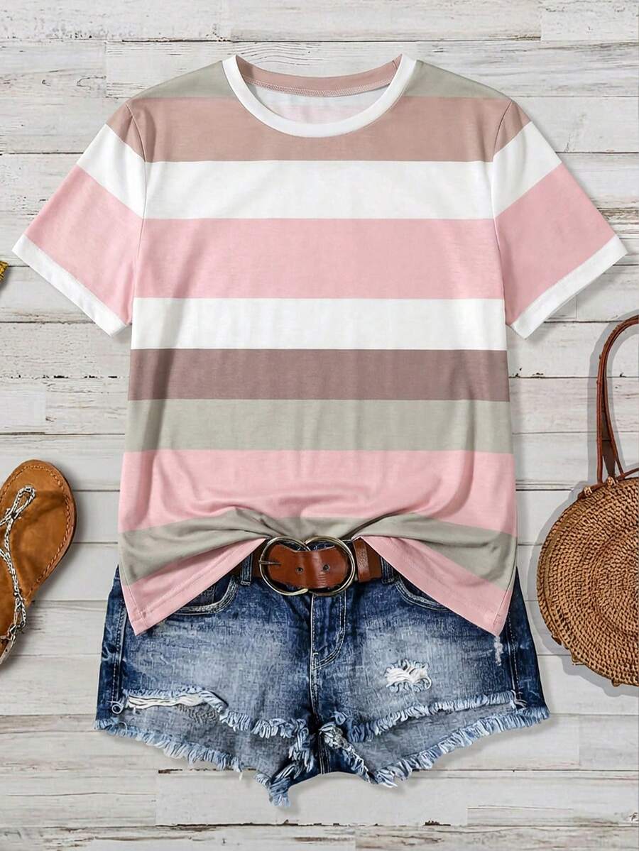EMERY ROSE Áo thun ngắn tay dáng ôm, kẻ sọc phối màu, phong cách lễ hội âm nhạc, kiểu dáng thường ngày mùa hè. - Nhiều màu - Xem 1