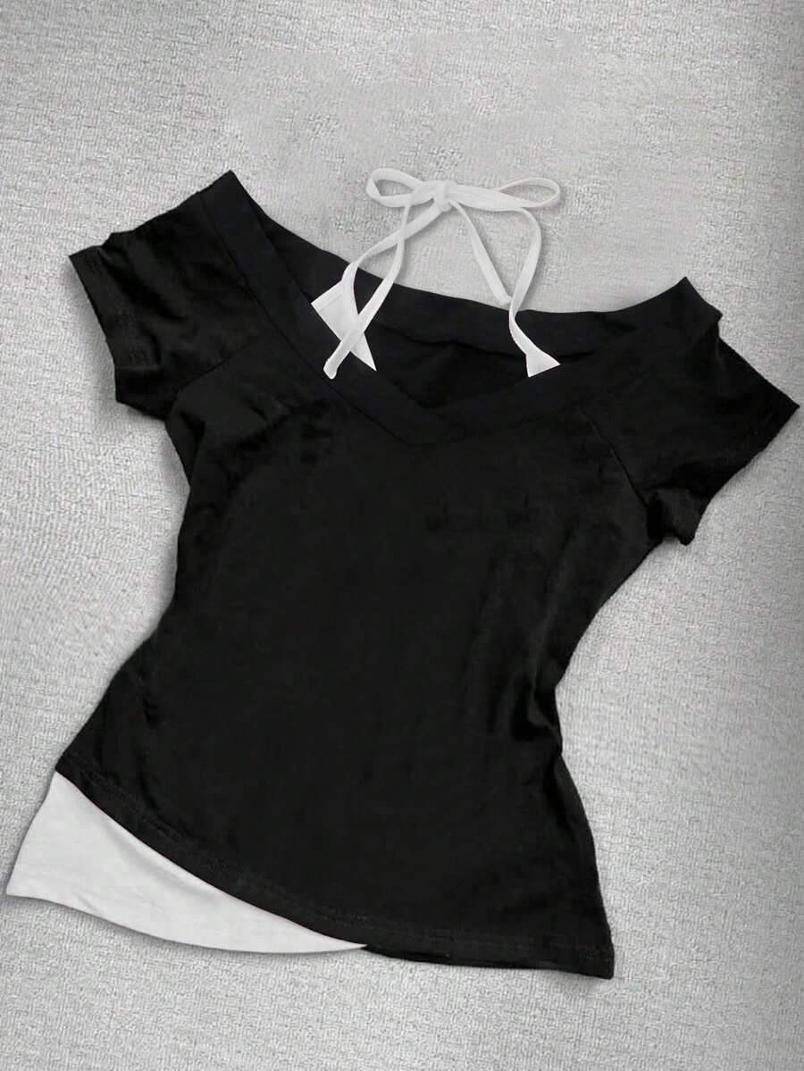 Glimmora Contrast Color Splice Halter Neck 2 In 1 T-Shirt For Women - Multicolor - View 1