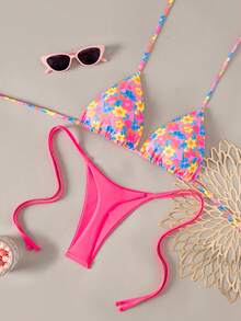 Vaytide 女士两件套印花露背三角比基尼上衣和侧系带泳裤性感泳衣套装，春夏海滩度假比基尼，色彩缤纷，巴西比基尼套装，三角比基尼，波点假日比基尼，XXS码比基尼套装，女士比基尼套装，女士泳衣，女士两件套泳衣 - 彩色 - 查看 4