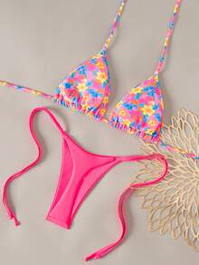 Vaytide 女士两件套印花露背三角比基尼上衣和侧系带泳裤性感泳衣套装，春夏海滩度假比基尼，色彩缤纷，巴西比基尼套装，三角比基尼，波点假日比基尼，XXS码比基尼套装，女士比基尼套装，女士泳衣，女士两件套泳衣 - 彩色 - 查看 3