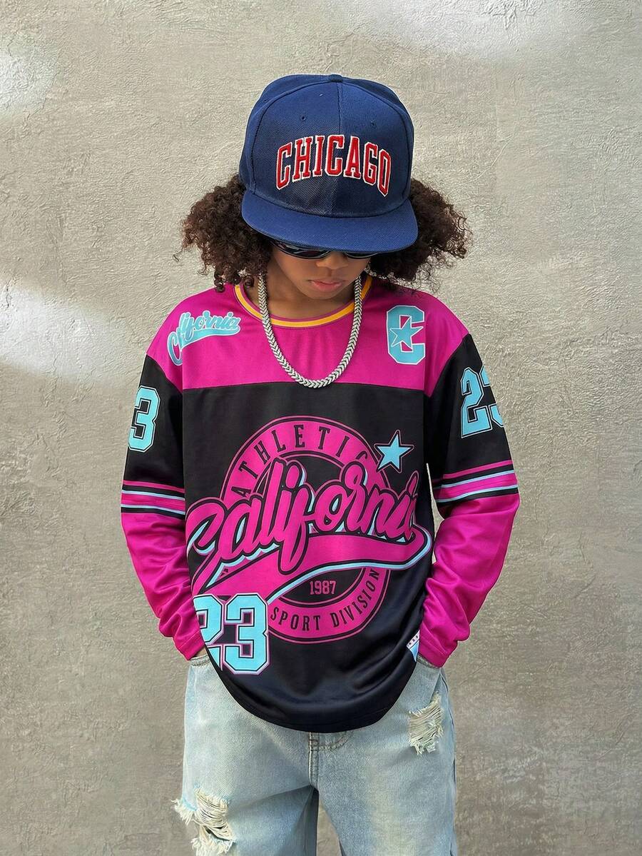 Coolane Kids 青少年男童字母印花撞色圆领长袖休闲T恤 洛杉矶 洛杉矶衬衫 洛杉矶球衣 - 彩色 - 查看 1