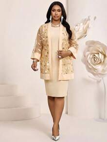 Fleurora 大码香槟色连衣裙，闪亮亮片连衣裙，凸显身材曲线的春夏正式礼服，适合婚礼、晚宴、正式活动、鸡尾酒会、毕业典礼、生日庆祝和其他正式场合。 - 香檳色 - 查看 4