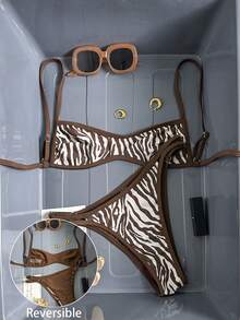 Swim Vcay 女士泳衣，双面棕色斑马纹超迷你比基尼抹胸上衣，时尚休闲度假性感甜美优雅两件式泳装 - 棕色 - 查看 2