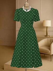 GlowEve CURVE Große Größen Retro elegantes Polka Dot Muster Puffärmel Luxusgefühl Kleid - Grün - Übersicht 4