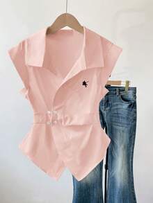 GlowEve Women's Light Pink Summer Effortless Chic Brunch Sleeveless Polo Collar Oblique Placket Waist Gathered Asymmetrical Design Embroidered Blouse Shirts - Pink - View 4