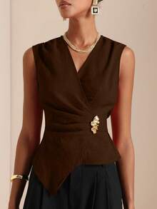 SHEIN Veneréa Camisa sin mangas de mujer con hebilla metálica de amarre - Café integral - Ver 6