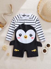 SHEIN Baby Boy Cute Penguin Pattern Raglan Sleeve Rash Guard & Swim Trunks Set,Kids - Multicolor - View 6
