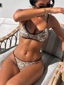 Swim Vcay 新款女士优雅波西米亚风棕白钩编漩涡两件式比基尼泳衣，采用纹理针织特殊面料，手工钩编三角上衣，高衩性感泳裤，撞色滚边，打造海岸风情沙滩装，适合日光浴，可爱俏皮的Y2K辣妹风泳装，适合夏季海滩度假、音乐节、热带海岸早午餐、海边泳池派对、海岛度假等场合，尽显摩登风情。 - 棕色 - 查看 4