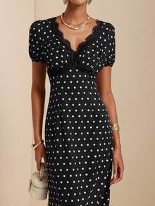 SHEIN Veneréa Women's Polka Dot Print Lace Trim French Style Vacation Dress - Black - View 3