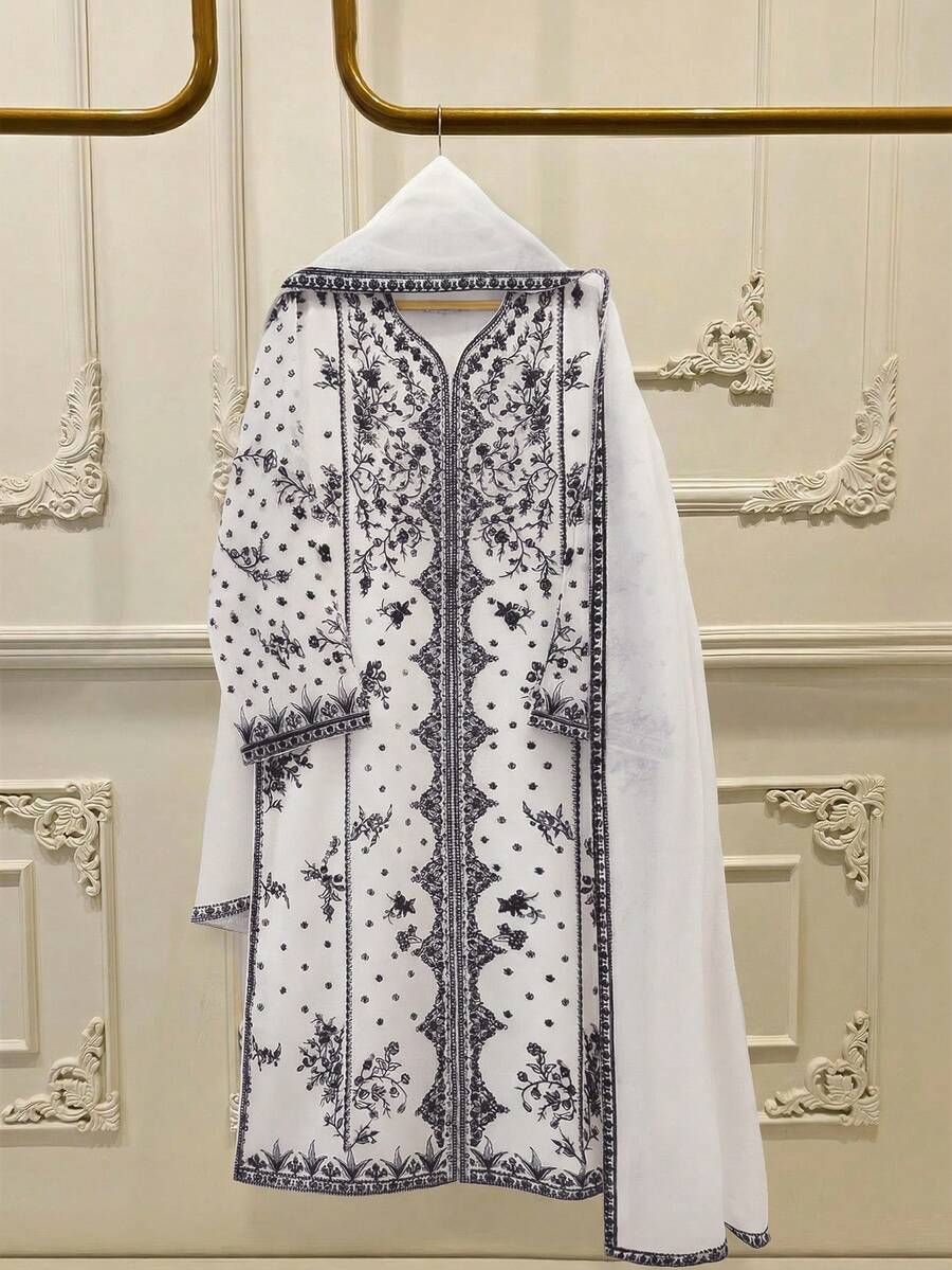 GlowEve Vestido largo de manga larga con estampado floral azul sobre base blanca y conjunto con capa para mujer - Multicolor - Ver 1