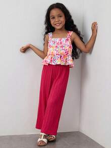 SHEIN 女童夏季休闲碎花荷叶边上衣和褶裥阔腿裤套装 - 彩色 - 查看 3