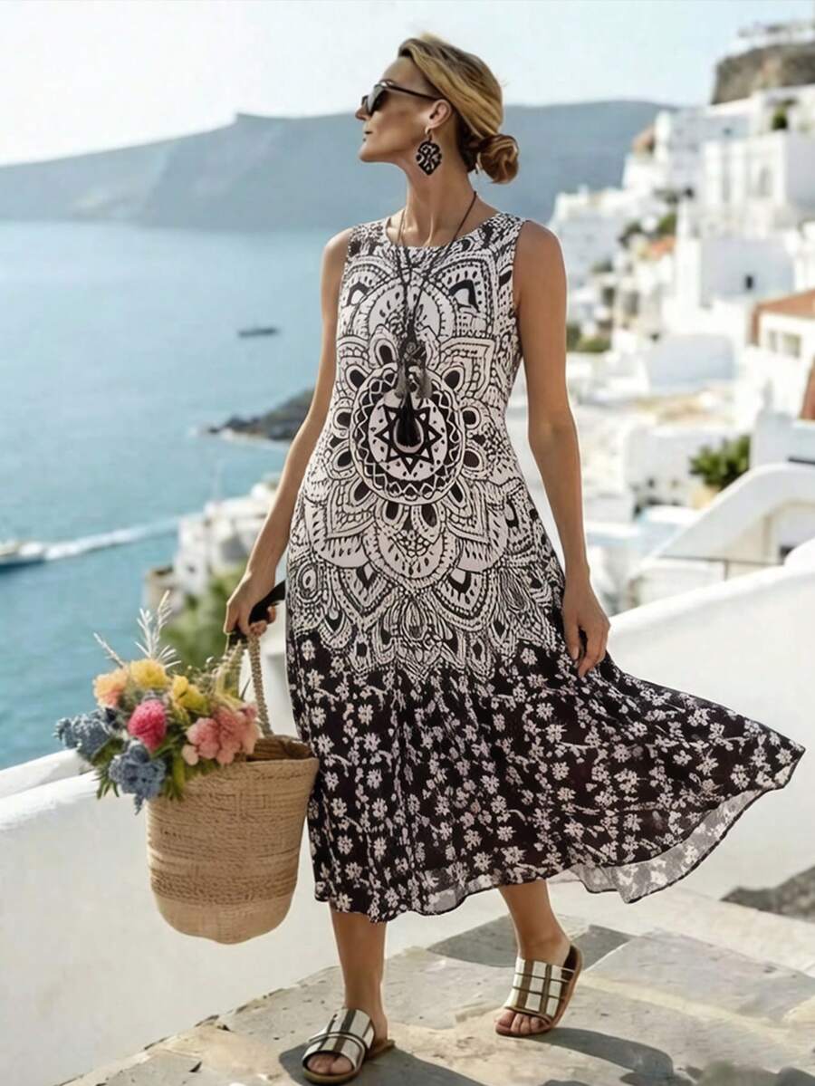 EMERY ROSE Plus Size Vintage Print Flared Sleeveless Dress - Multicolor - View 1
