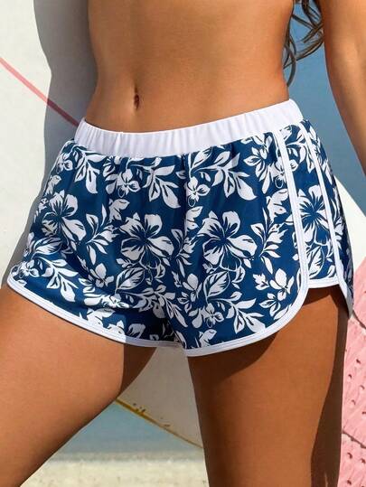 Swim Vcay Casual Versatile Mature Sports & Vacation Random Tropical Plant Hibiscus Floral Silhouette All-Over Print Contrast Color Women Beach Shorts Swim Trunks For Women Women's Shorts Summer Women Shorts Casual Women's Board Shorts Running Shorts For Women