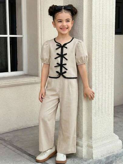 SHEIN Conjunto casual elegante de 2 piezas con blusa de manga abullonada con decoración de lazo de color contrastante y pantalones de pierna ancha para niña joven