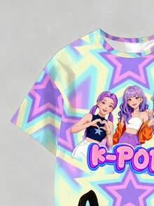 两件套休闲可爱紫色女童套装，包含短袖T恤和紧身打底裤，紫色打底裤饰有彩色星星印花，适合4-7岁女孩春夏穿着。活力四射的紫色星星女童数码印花T恤，不仅穿着舒适，而且柔软亲肤，简约时尚，让孩子们在春夏成为焦点。 - 彩色 - 查看 4