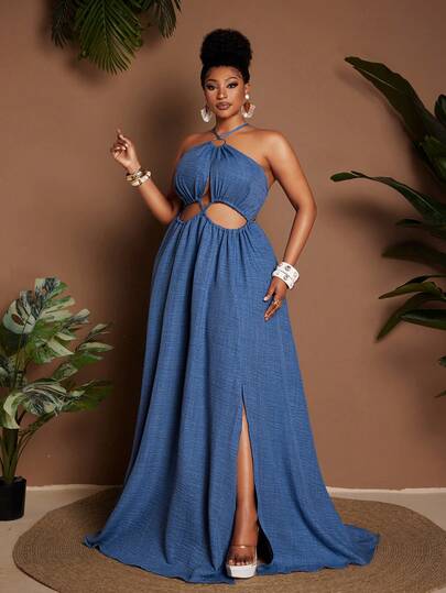 Maweii Plus Size Halter Neck Dress With Front Slit And Drawstring Waist